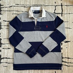 Polo Ralph Lauren Iconic Rugby Shirt in Navy/Gray Stripe, Size L